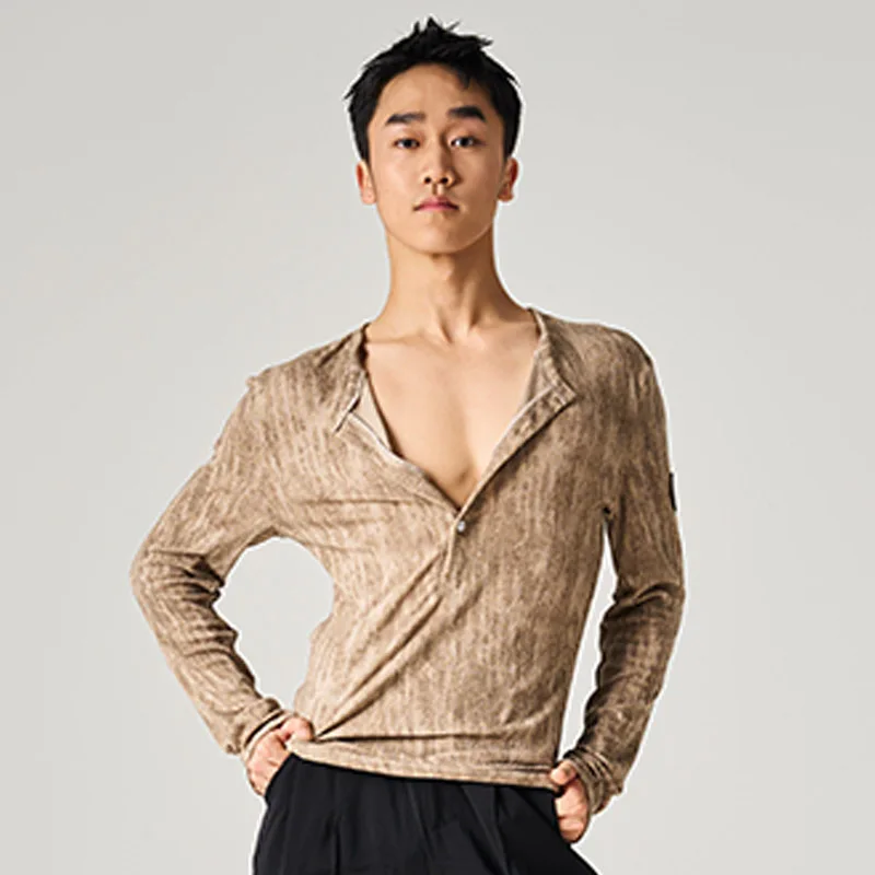 

Khaki Latin Dance Tops For Men Long Sleeves Button Tops Adult Male Rumba Cha Cha Dance Practice Clothes Performance Wear DNV2667