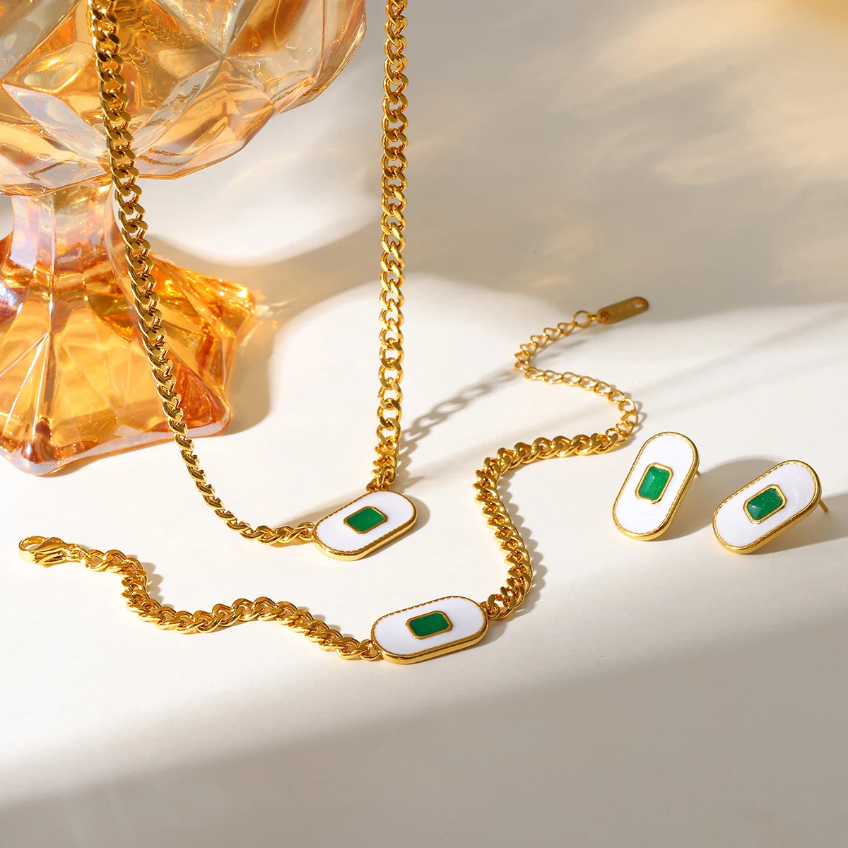 

Light Luxury Women's Jewelry Set Rectangle Pendant PVD Coated Stainless Steel Cable Chain Necklace Bracelet Stud Earrings Gifts