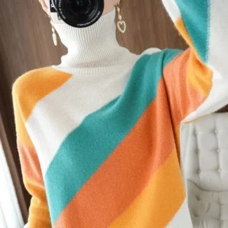 Autumn Winter New Turtleneck Long Sleeve Fashion Sweater Women High Street Contrast Color Pullovers Casual Elegant All-match Top
