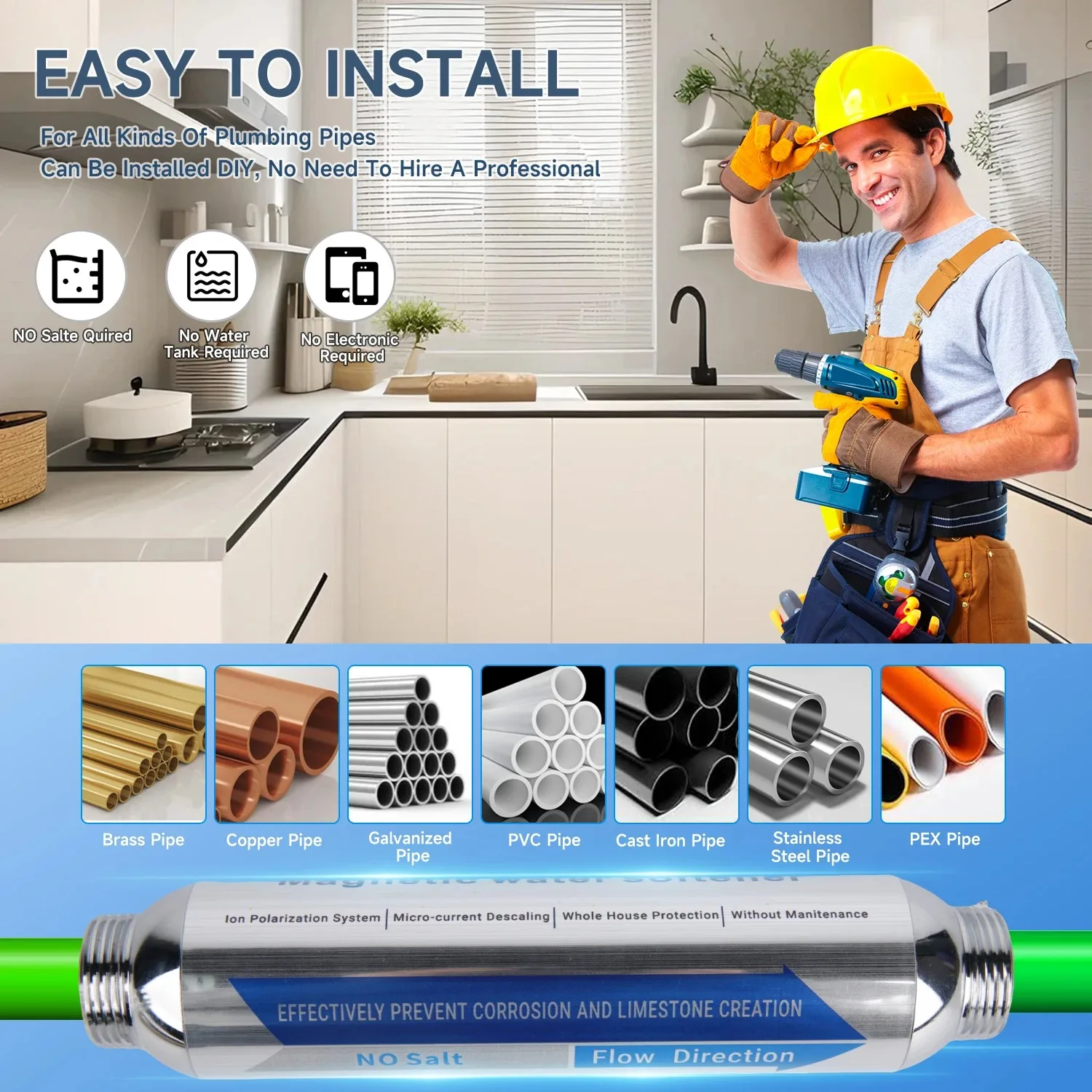 منقي مياه خالي من الملح للمنزل بالكامل، فلتر مياه، مضاد للحجر الجيري، إزالة الترسبات المغناطيسية الفائقة لتثبيط وإزالة المقياس