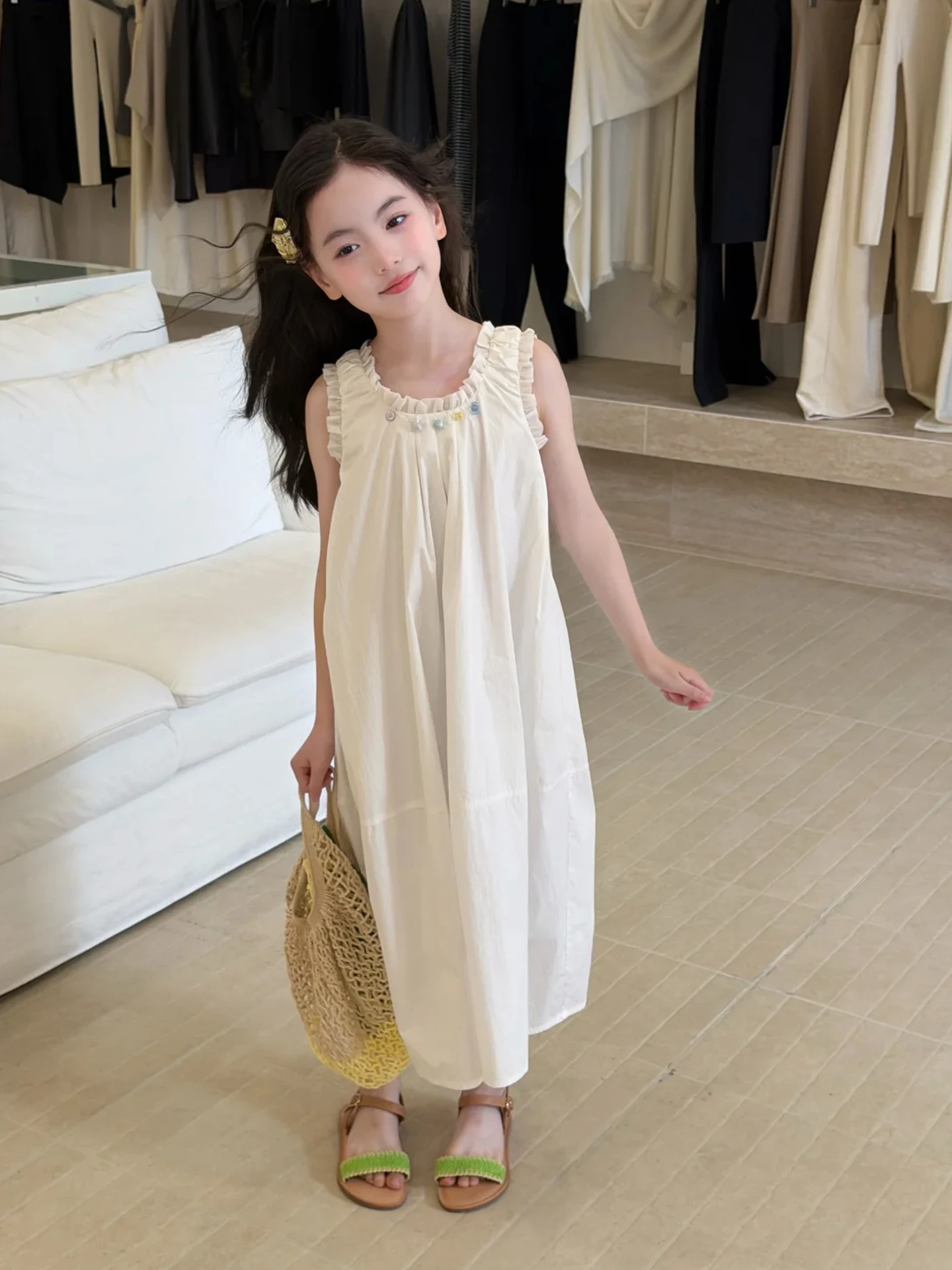 

Girls Knee-Length Pure Color Vest Dresses Children's Summer Fashionable Casual Midi Skirts with Lace for Kids Age 2-14