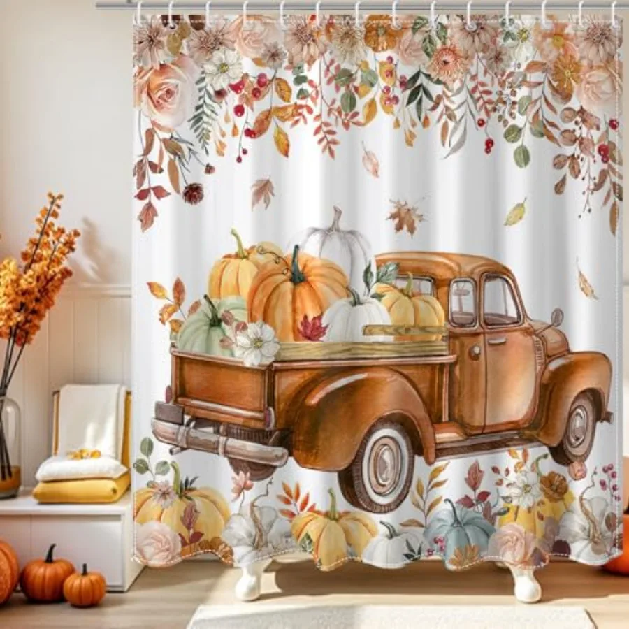 

Осенняя занавеска для душа для ванной комнаты Осенняя грузовик Занавеска для душа с тыквой для осеннего декора ванной комнаты Осенние цветочные листья Водонепроницаемая Fa