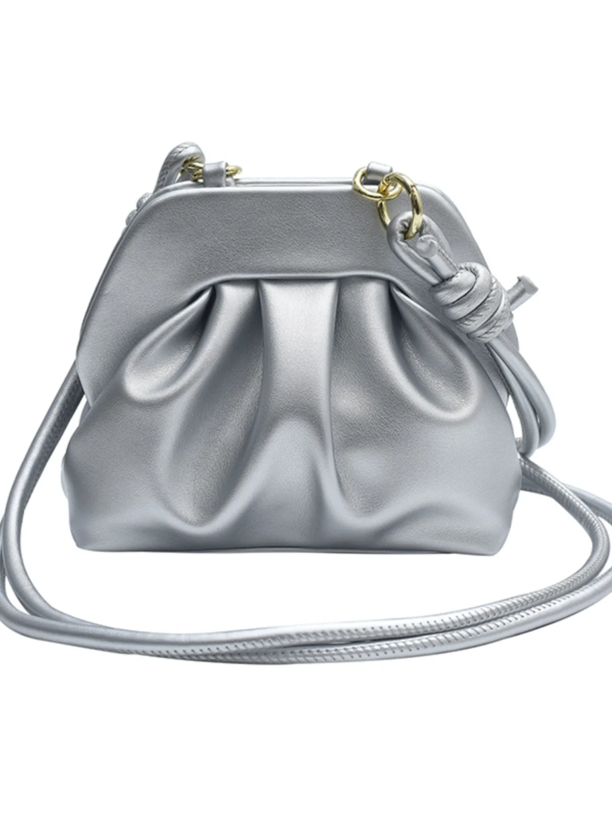 Silver Crossbody Bag for Women Summer Pu Leather Pleated Casual Versatile Beading Handbag Ladies Simple Cluth One Shoulder Bags