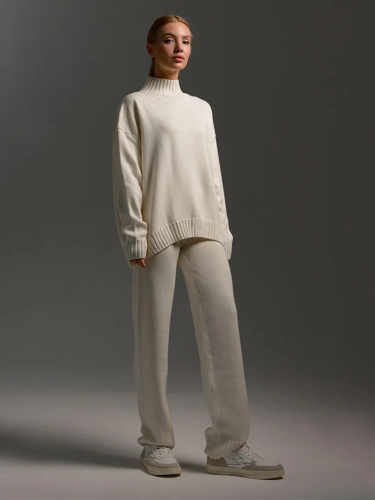 Women's Knitted Long Sleeve Top And Pants Set High Collar Autumn Winter Fashion Outfit Chinese Manufacturer Universal Size