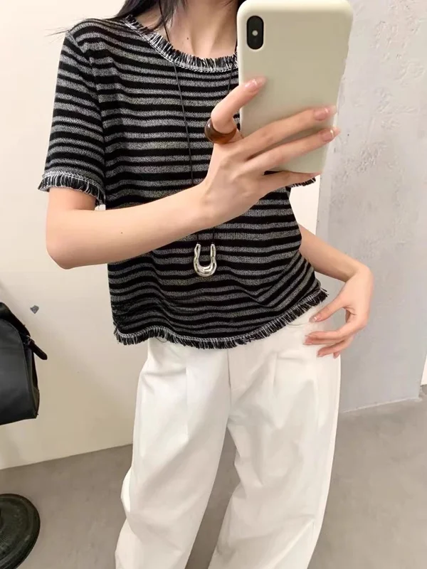 Zomer Kant Trim Linnen Gebreide Svel Ronde Ne Open Vest Vrouwen Vest T-shirt Koreaanse Sle Loose Fit Creatief Patroon