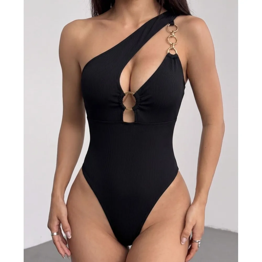 New Metal-buttoned Off-the-shoulder Cut-out Sexy Tight-fitting Jumpsuit For Women