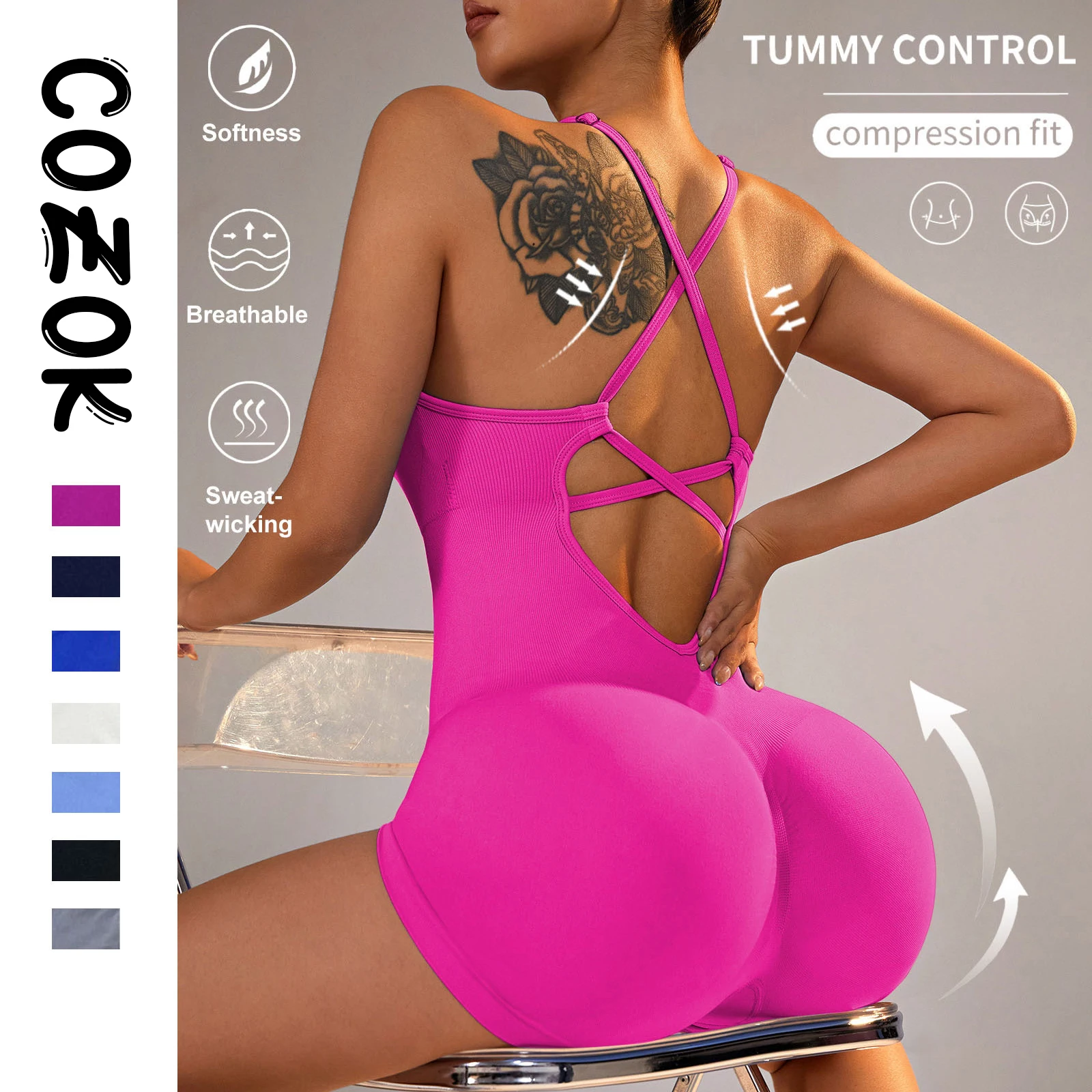 

COZOK Seamless sexy peach hip one-piece fitness clothing threaded quick-drying fitness sports back one-piece yoga clothing