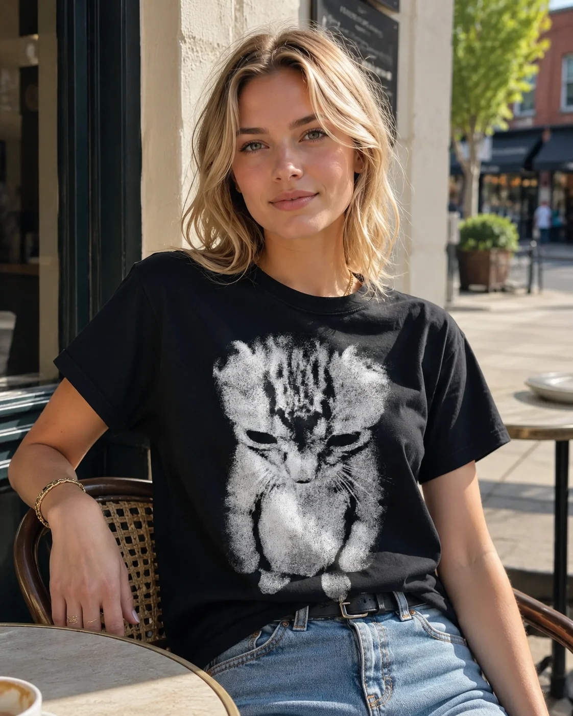 Casual T-shirt Features A Sad Cat Print with The Cat Standing Upright As An Emoji Fashion Harajuku Kawaii T-shirt Y2K Clothing