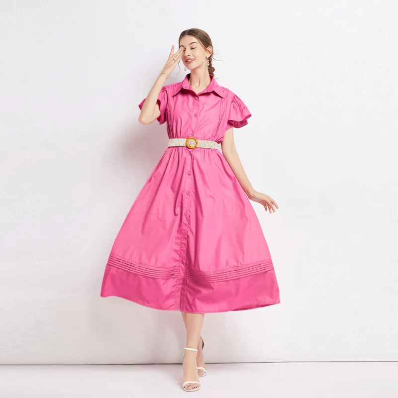 2025 French Retro Hollow Lace Patchwork Strap Slim Waist Short Sleeved Shirt Dress for Women Elegant A-line Long Vestido