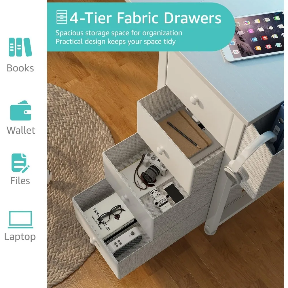 Escritorio esquinero de 55 pulgadas con cajones de tela, escritorio de oficina en casa con soporte para monitor y estantes
