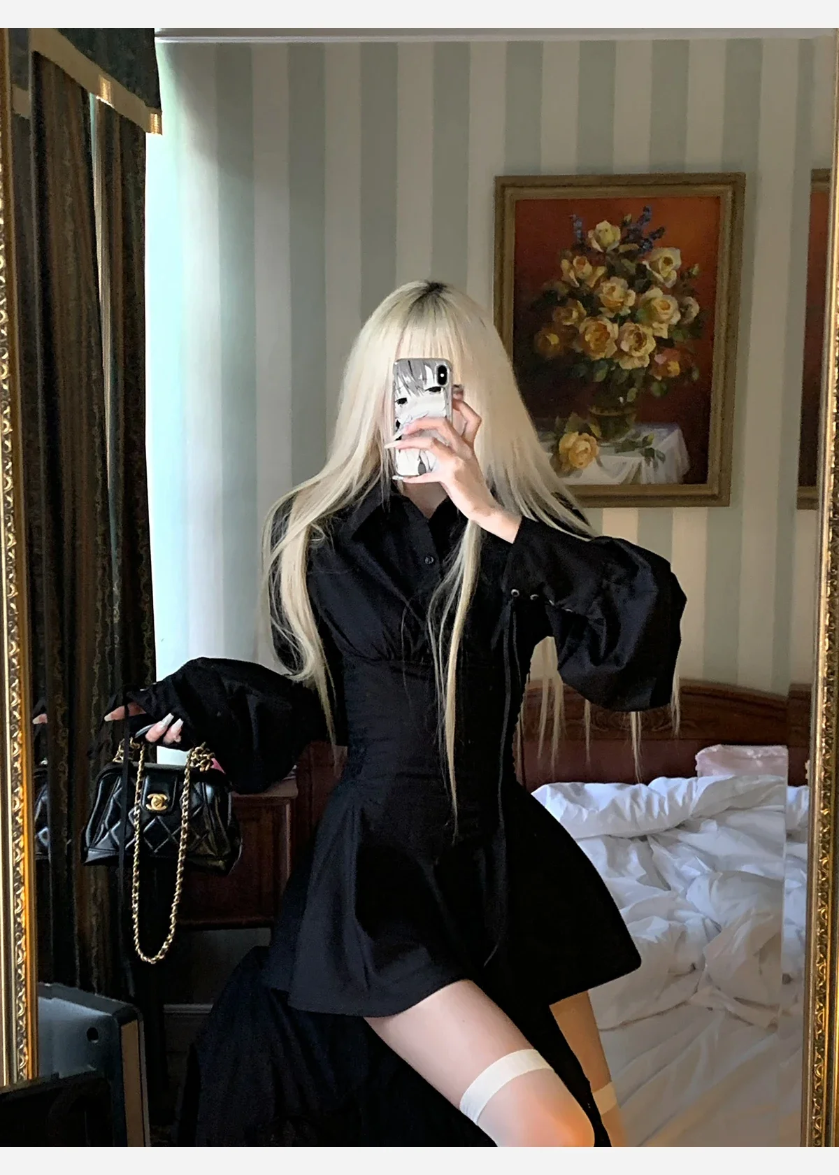 IMU Rase Le Sol Diseño Original para Mujer, Blusa Negra de Manga Larga, Vestido Ajustado de Línea A, Bonito y Moderno, Estilo Coreano, Blusa Corta para Chicas