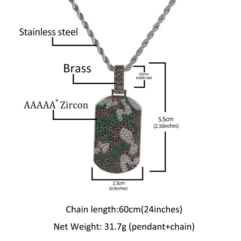 Hip Hop Iced Out camouflage dog tag pendant for Men Stainless Steel Waterproof Sweat Resistant Bling Necklace Jewelry gift