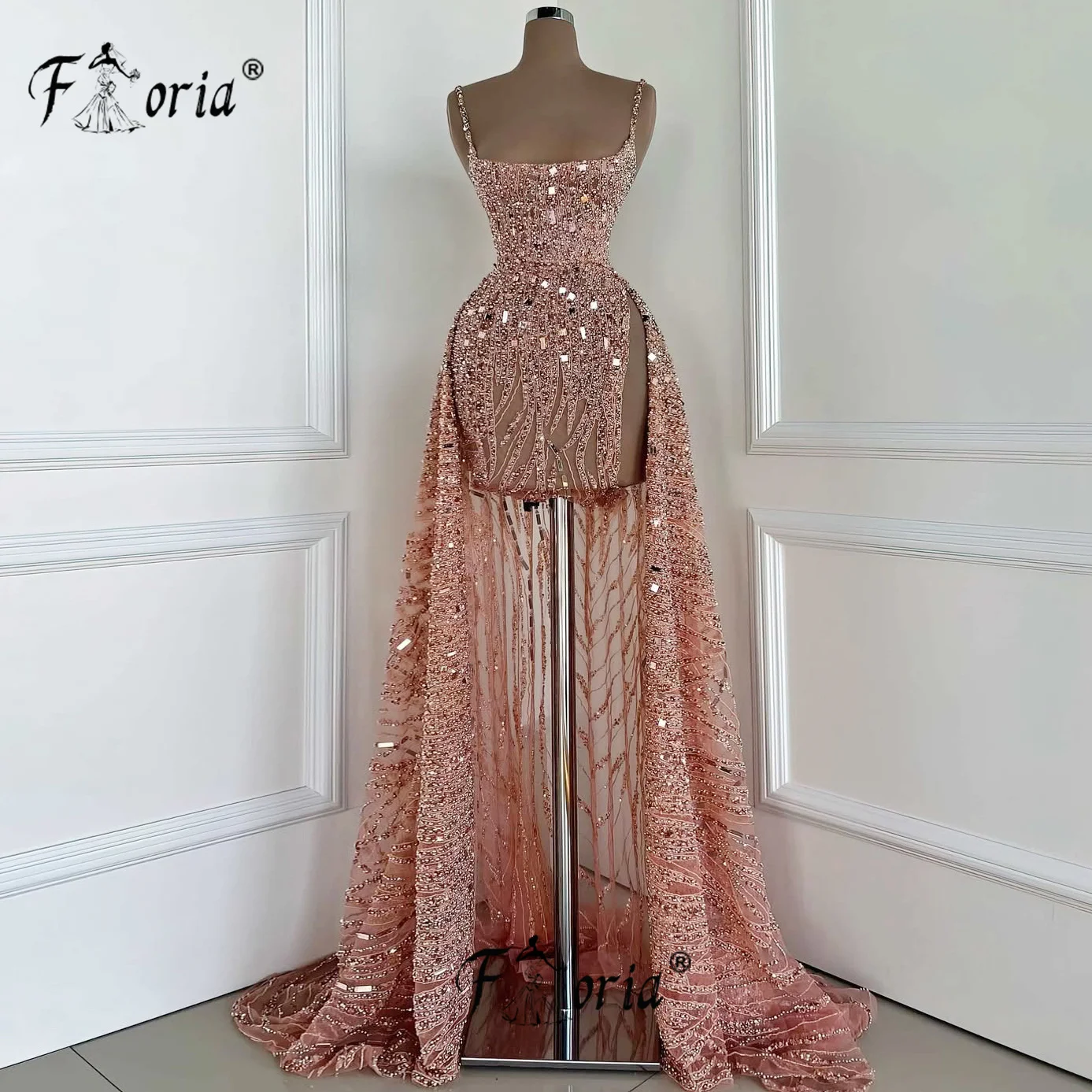 

Luxury Pink Beaded Short Prom Dresses with Long Overskirt Sparkly Beadings Spaghetti Strap Sexy Special Dress vestido de cóctel