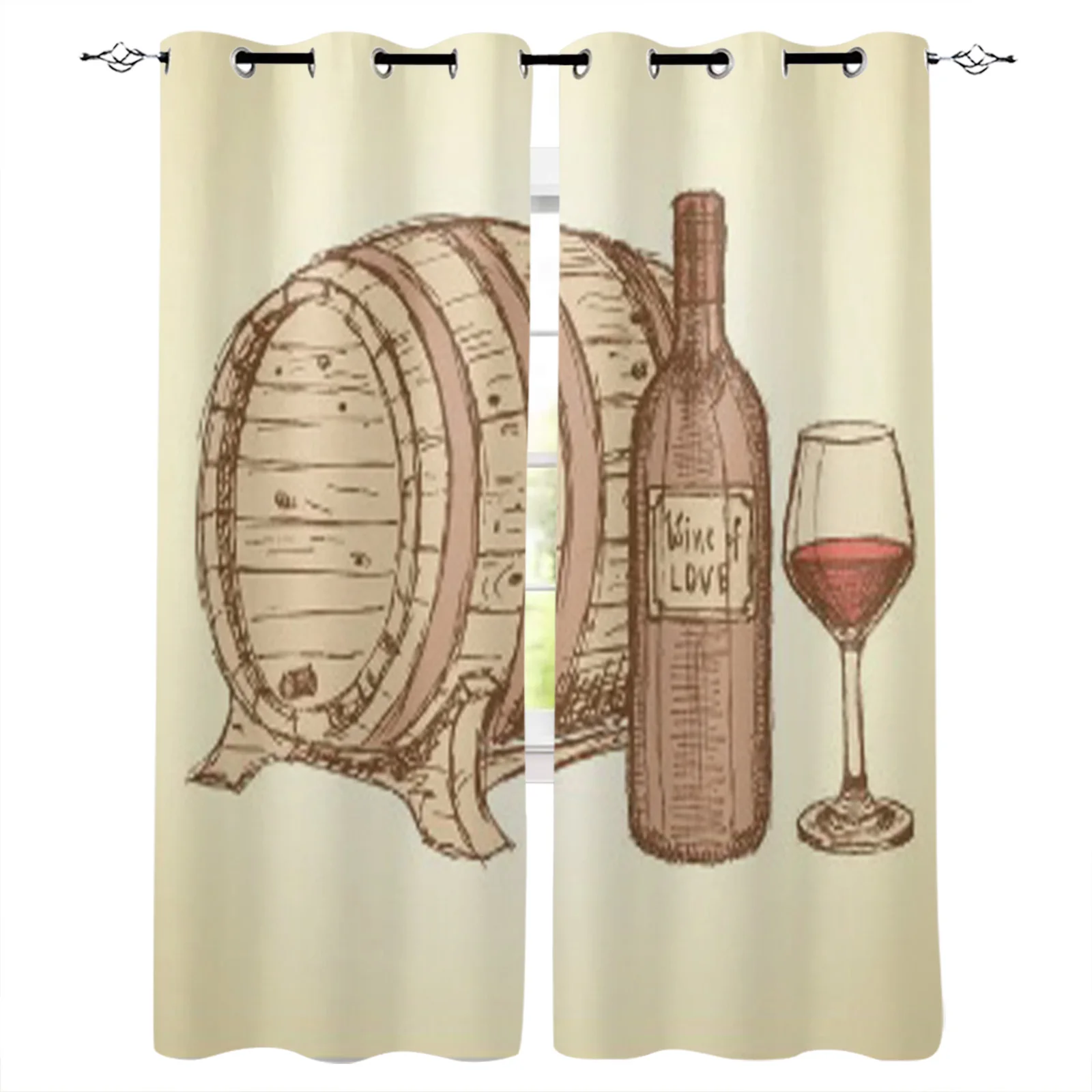 Sketch Wine Set Vintage Style Modern Curtains Window For Living Room Bedroom Grommet Blinds Drapes Door Curtains