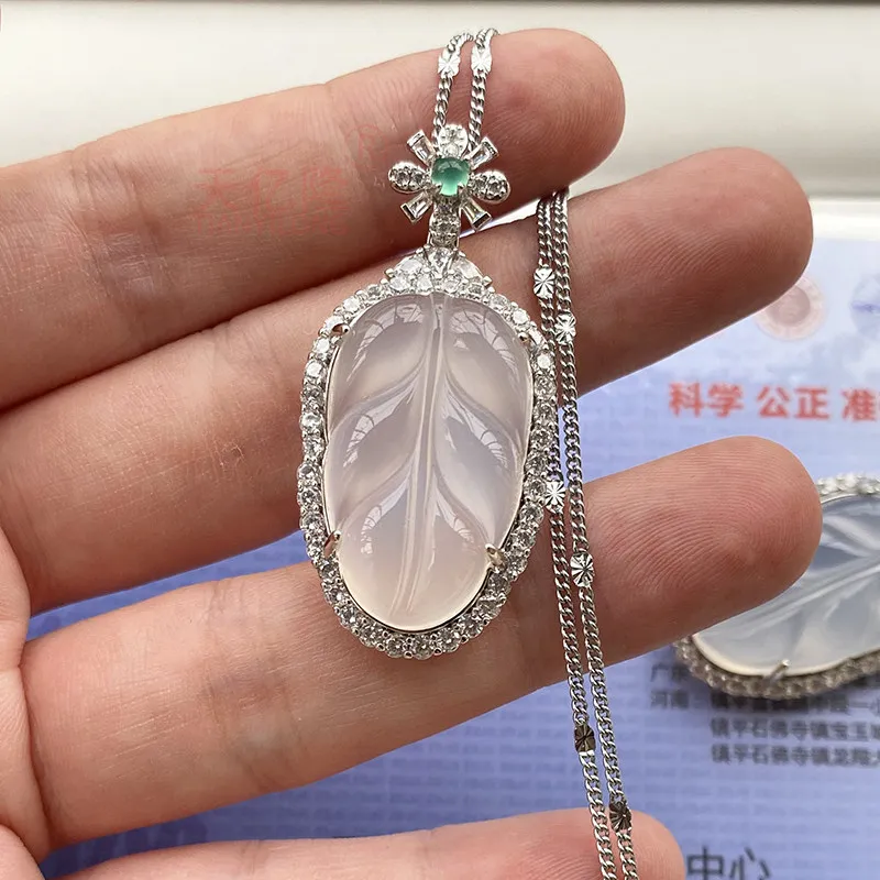 Natural Ice Chalcedony Pendant Jade Green White Leaf Inlaid Silver Gemstone Agate Necklace