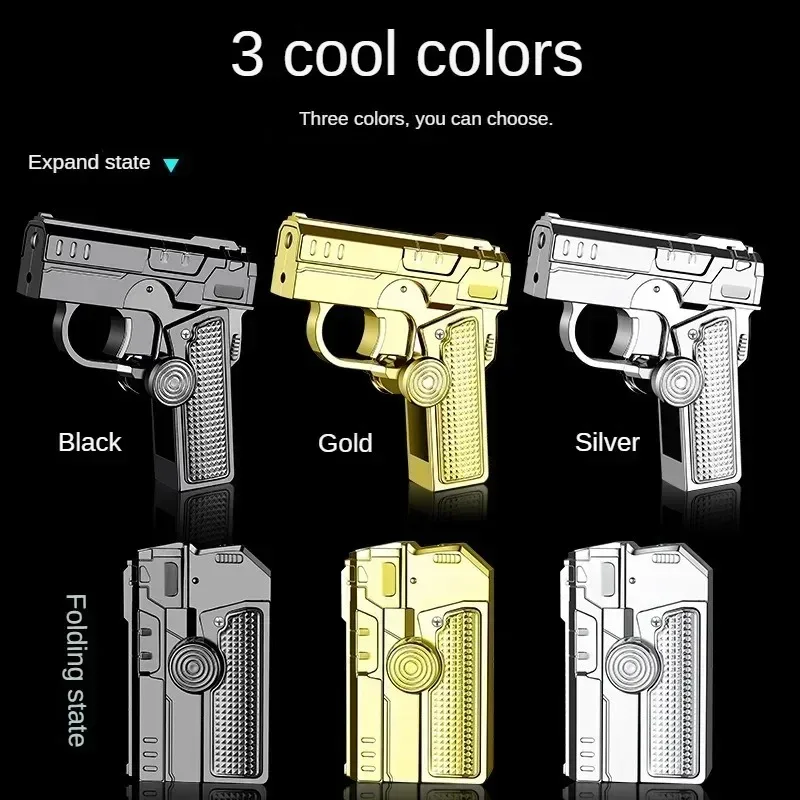 Multi Functional Folding Dual Form Decompression Gyro Gun Shaped Lighter with Creative Deformation and Windproof Red Flame
