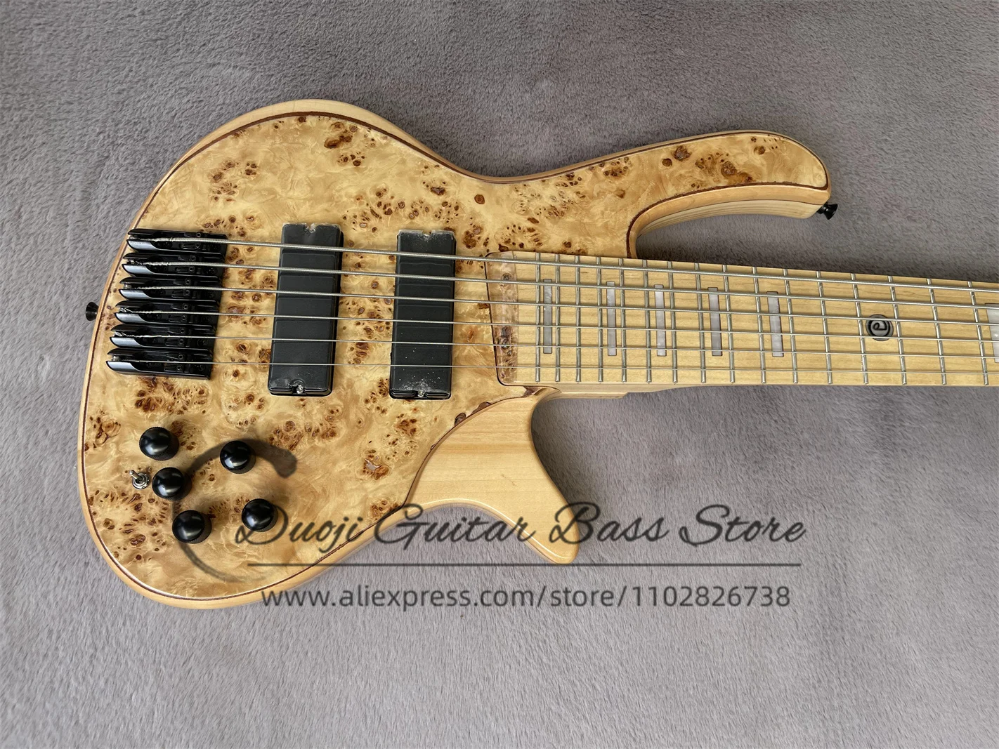 6 String Bass Guitar Ash Wood Wody Tree Burl Top Maple Fingerboard Active Battery Independent Bridge Black Tuner deL Bass