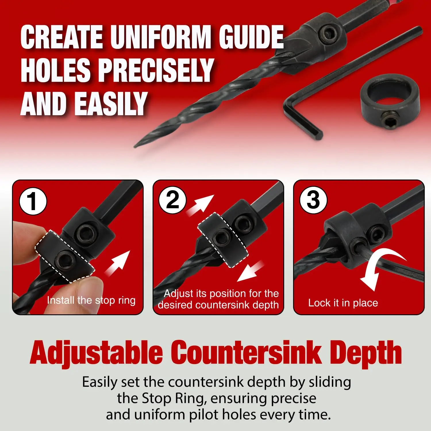 8PCS Countersink Drill Bit Set, Tapered Drill Bits #4-#12 with Depth Stop Ring - view 4