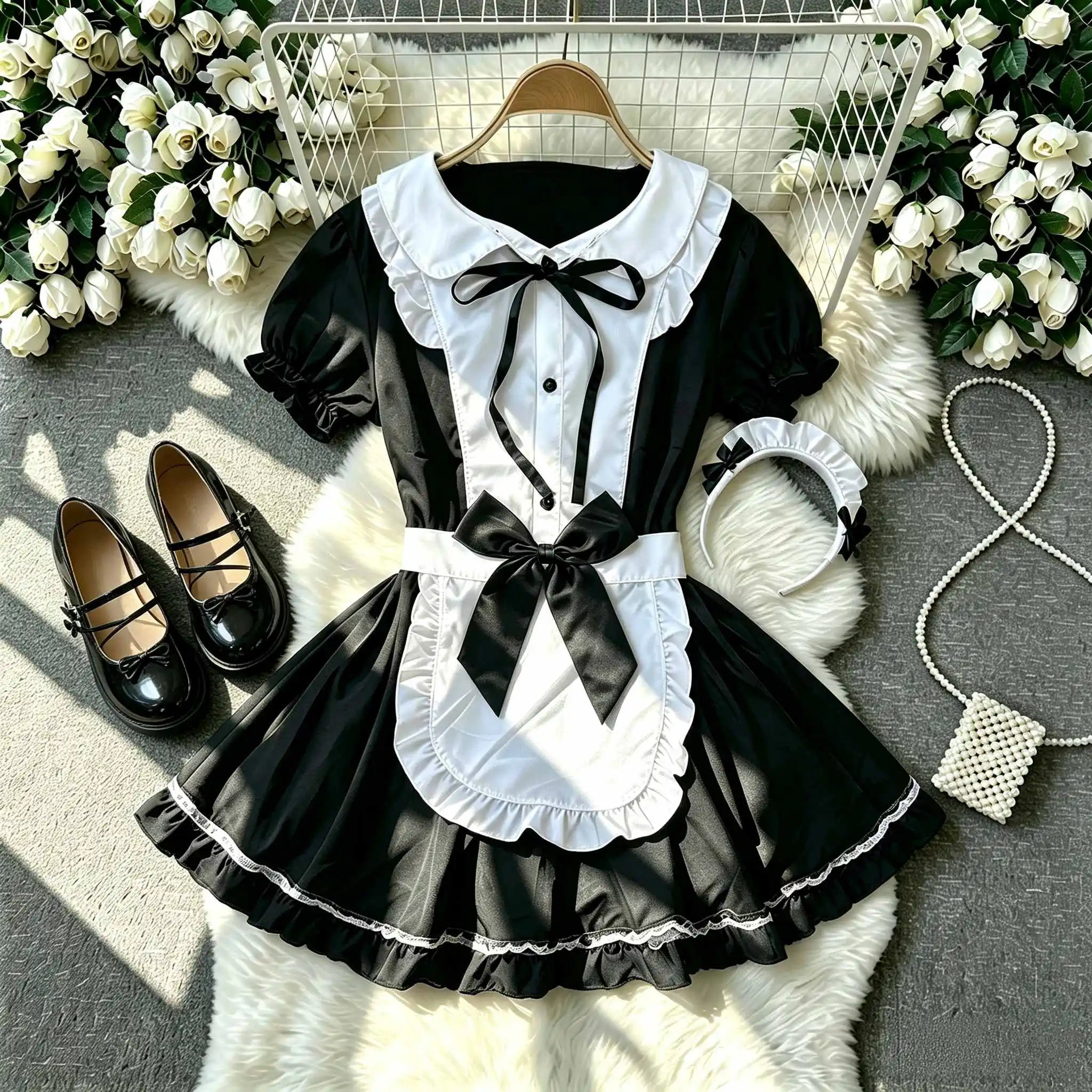 Classic Black and White French Maid Cosplay Costume with Bubble Sleeves Sexy Dress with Apron Headwear Set Cosplay Costume Party