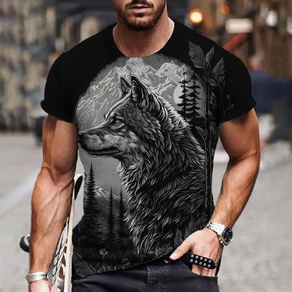 Camiseta de lobo de manga curta masculina, top 3D com estampa animal, camiseta casual de rua, roupas vintage, 2022