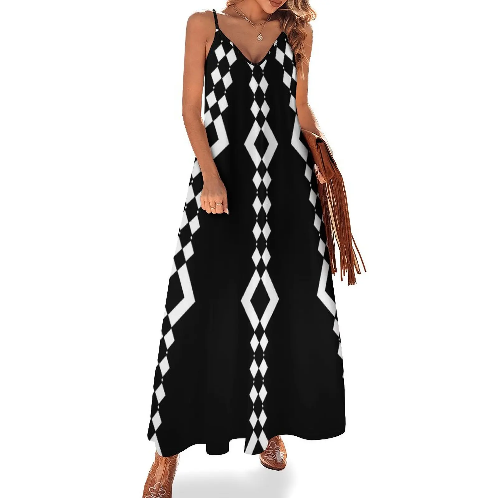 

Retro 1960's Black and White Pattern Sleeveless Long Dress luxury evening dress woman for wedding women's fashion dresses Dress