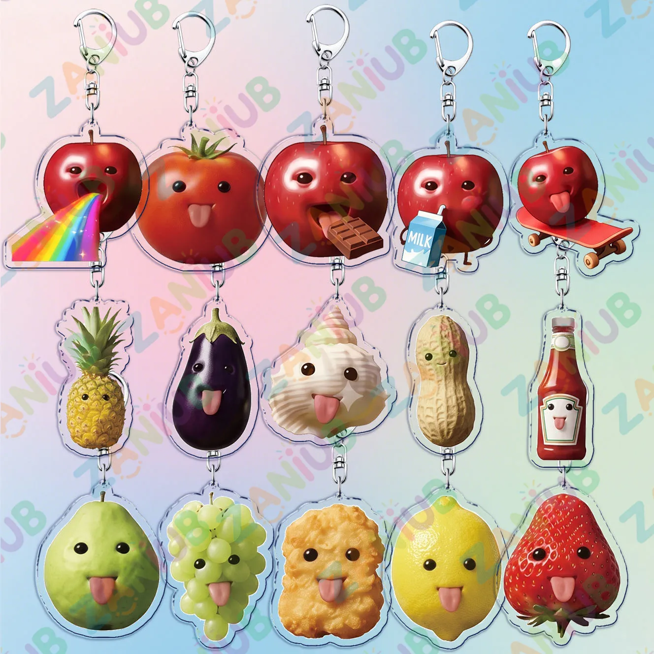Kawaii Food Acrylic Keychain Cute Strawberry Cake Fries Burger Durian Cartoon Keyring Bag Charm Backpack Pendant Gift