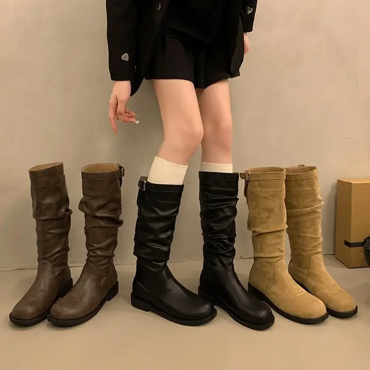 

Winter Street Style Round Toe Knight High Women Boots Concise Low Heels Shoes Female Vintage Long Booties Zapatos De Muje