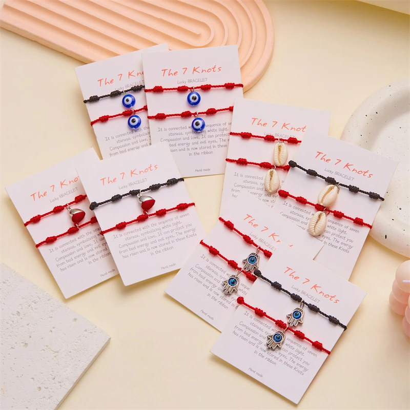 Lucky Handmade 7 Knots Red String Couple Bracelet for Women Men Turkish Evil Eye Sea Shell Heart Pendant Wristband Jewelry Gifts