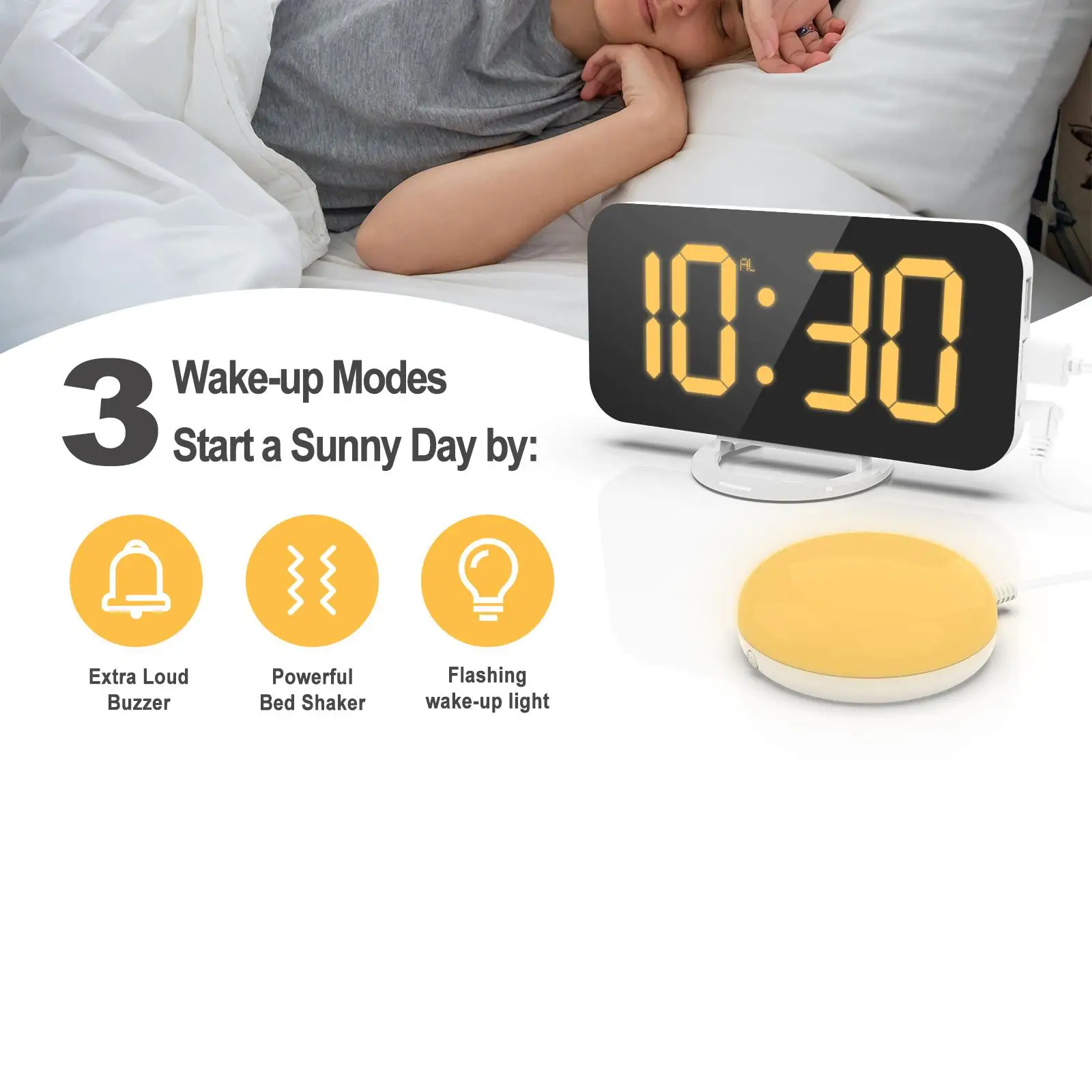 Loud Clock for Heavy Sleeper, Vibrating Clock with Bed Shaker for Deaf and Hard of Hearing, Night Light, Snooze