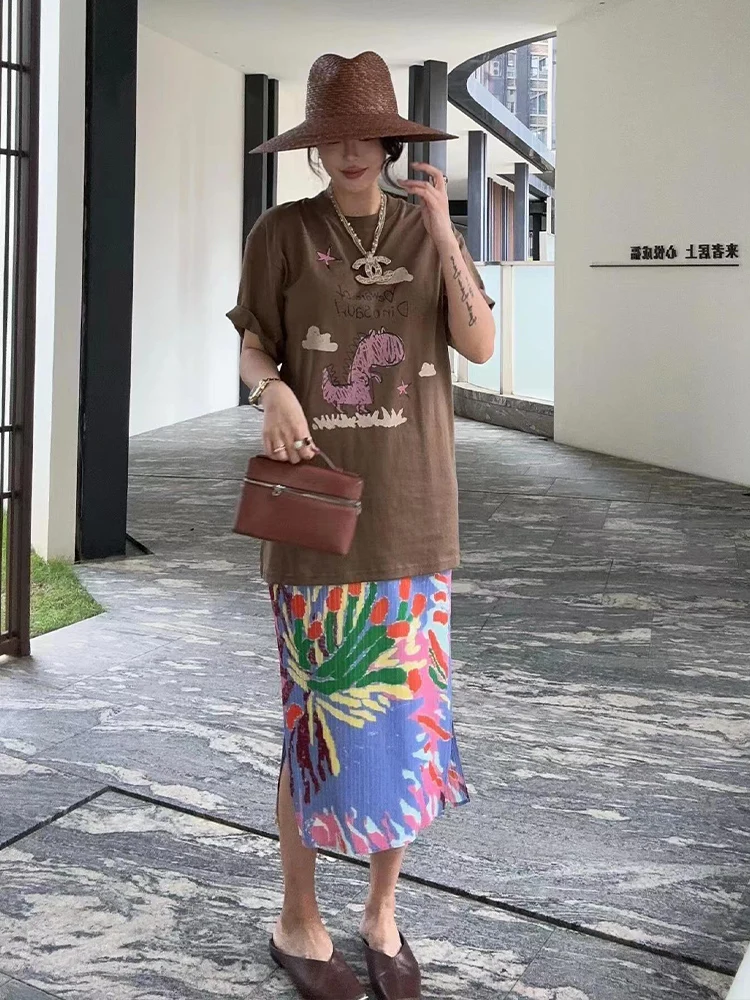 

Anti-Aging Floral Print Midi Skirt Women's Vintage Half-length Gored Silk Straight Cut Commuter Style Regular Length Skirt