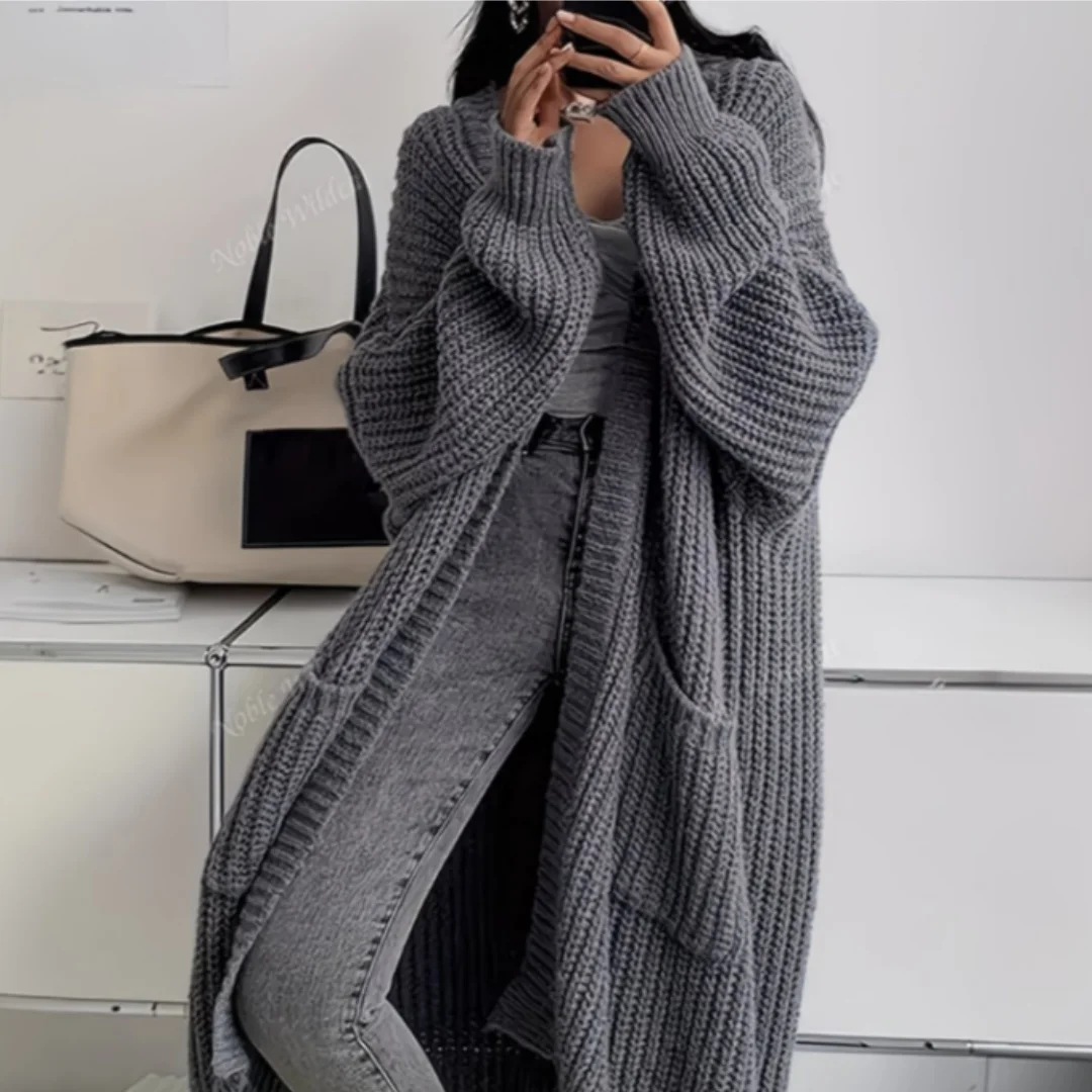 Women Knitted Cardigan Autumn Loose V-neck Long Sleeve Casual Midi Outerwear Simple Sweater Coat Basic Soft Y2K Jacket All-match