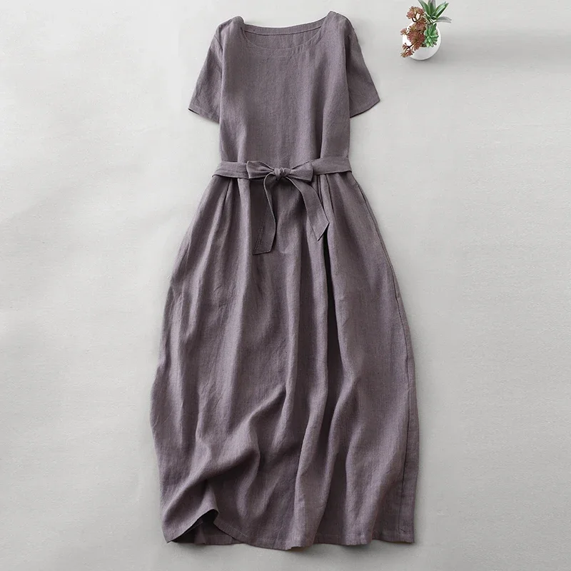 

Cotton and Linen Solid Color Round Neck Short-sleeved dress Women's Summer New Korean-style Retro Artistic Elegant Loose Lace-up