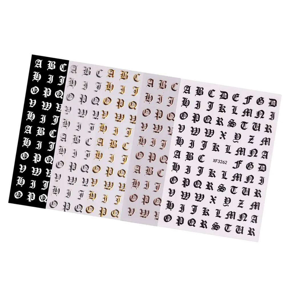 Confezione da 5 adesivi adesivi per nail art, lettere dell'alfabeto, decalcomanie, stencil per