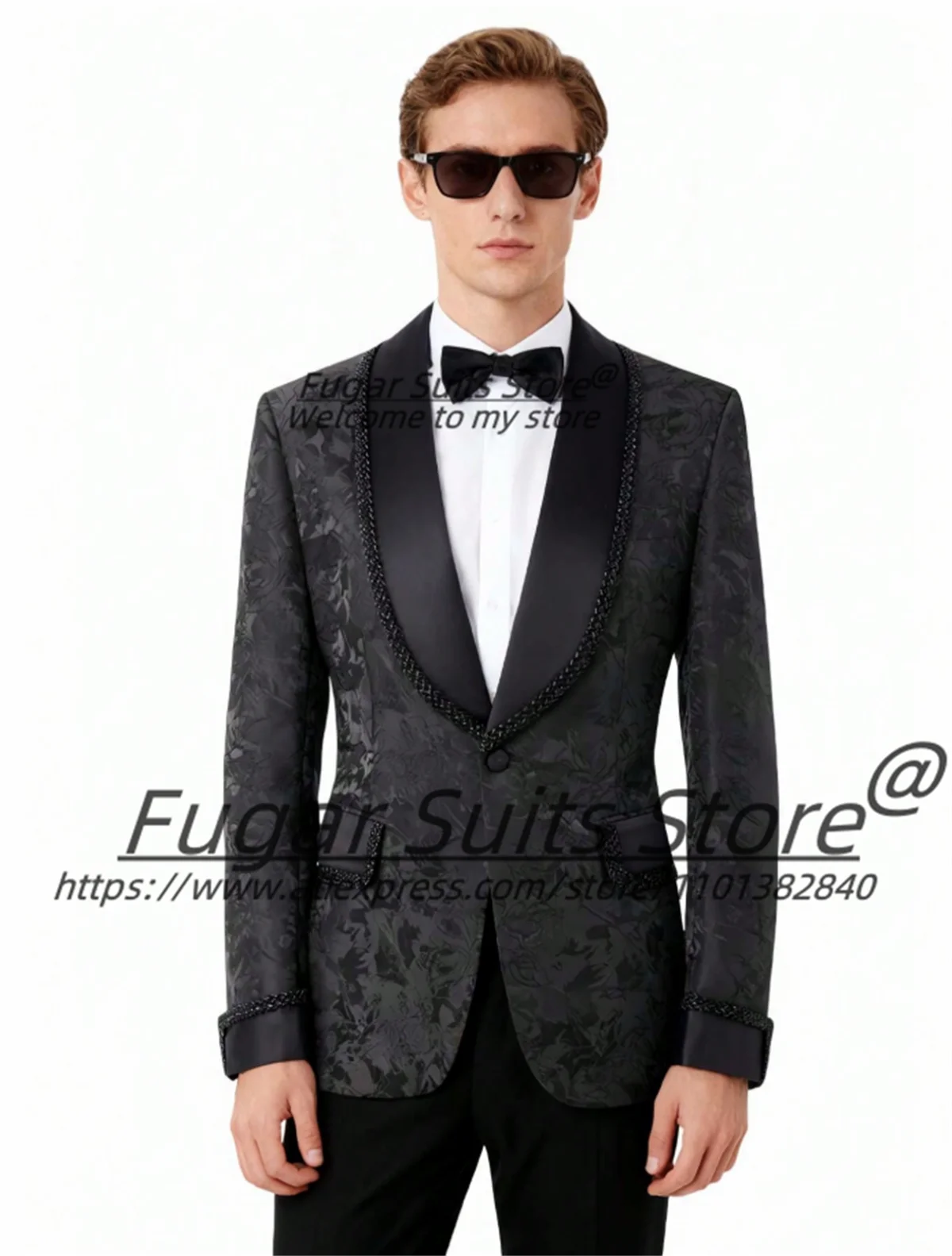 Luxuly Handsome Black Jacquard Shawl Lapel Men Suits Customized Shiny Beading Groom Wedding Tuxedos Male Prom Blazers 2 Pieces S