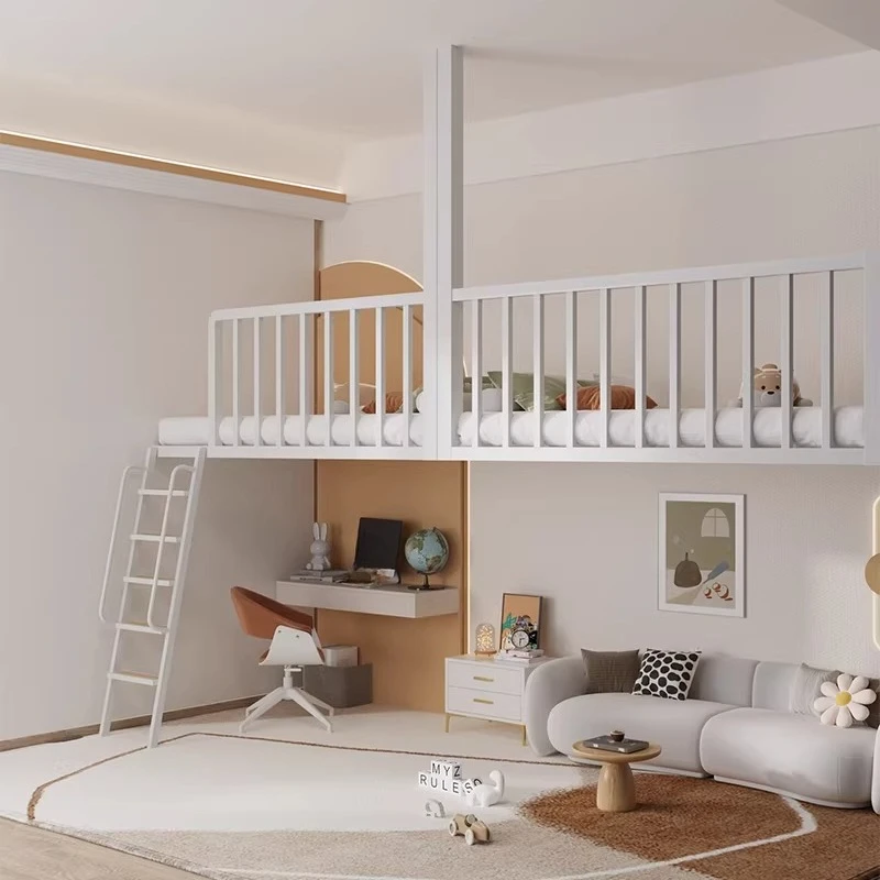 

Extended elevated bed, empty single upper floor under the bed, duplex second floor bed saves space