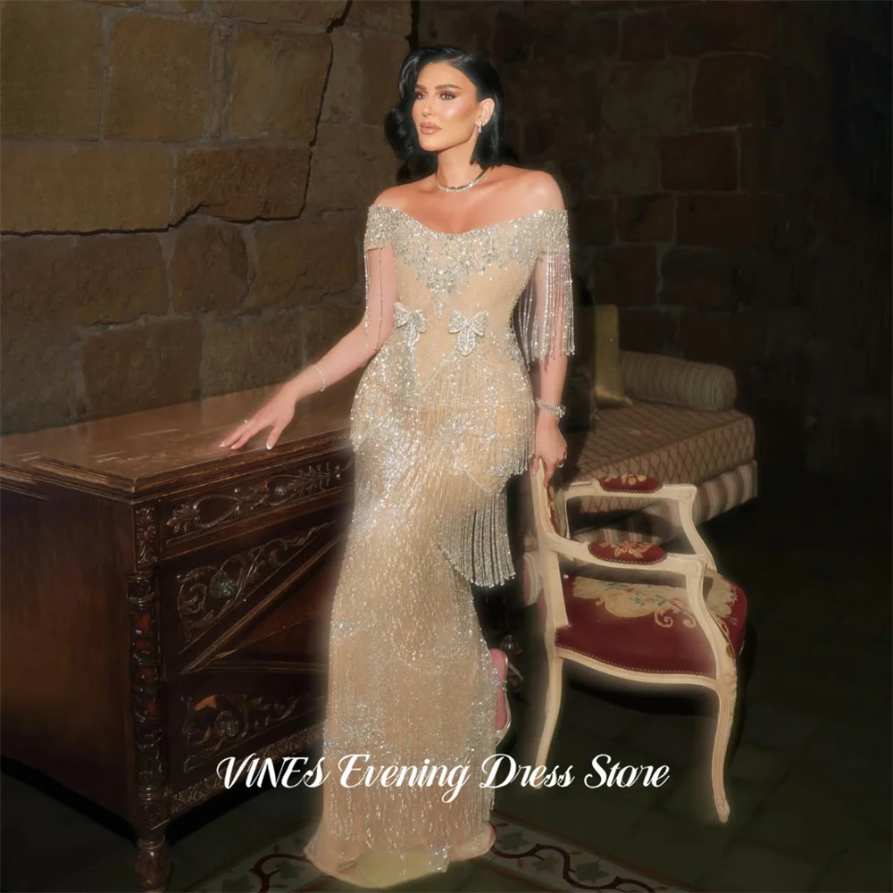 VINES Champagne Party Dresses Off the Shoulder Short Sleeve Evening Dresses Tassel and Bow فساتين السهرة Gala Dress Customized