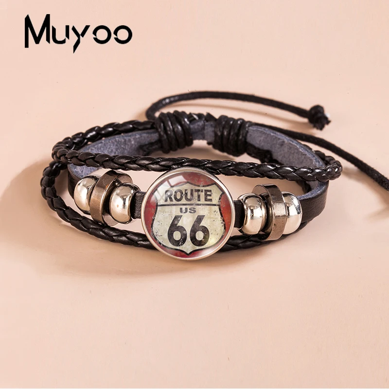 2023 New Historic Route 66 Leather Bracelet Snap Button Bracelets Glass Dome Photo Bangles For Men