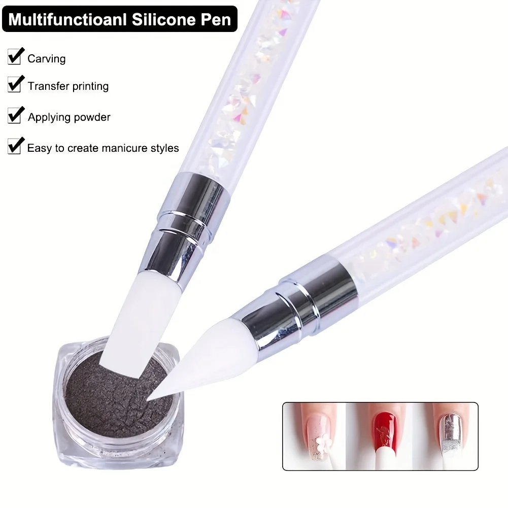 Dual-ended Silicone Nail Art Carving Pen Nail Art Brush Carving Mirror Glitter Powder Dotting Painting Nail Pen Manicure Tools