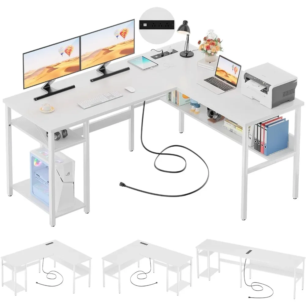 Mesa De Computador Em Forma De L Reversível, Tomadas De Poder Mágicas, Portas De Carregamento USB, Mesa De Trabalho Durável, Escritório Em Casa