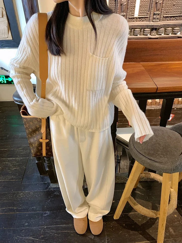 2026 autumn and winter pit stripe pocket 100% wool sweater women's European goods high-end knitted white soft cashmere sweater