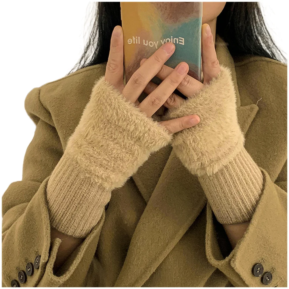 Pink Half Finger Gloves Comfortable Half Finger Typing Gloves Soft Wool Blend Material Breathable Medium Thickness