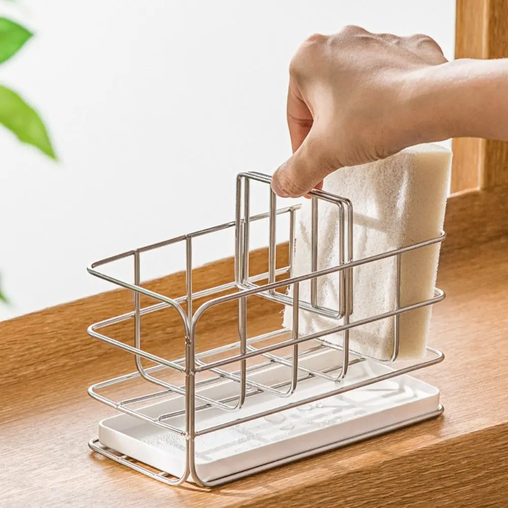 

Stainless Steel Sink Sponge Holder with Drip Tray Removable Partitions Kitchen Sink Drainage Rack Hangable Sponge Organizer