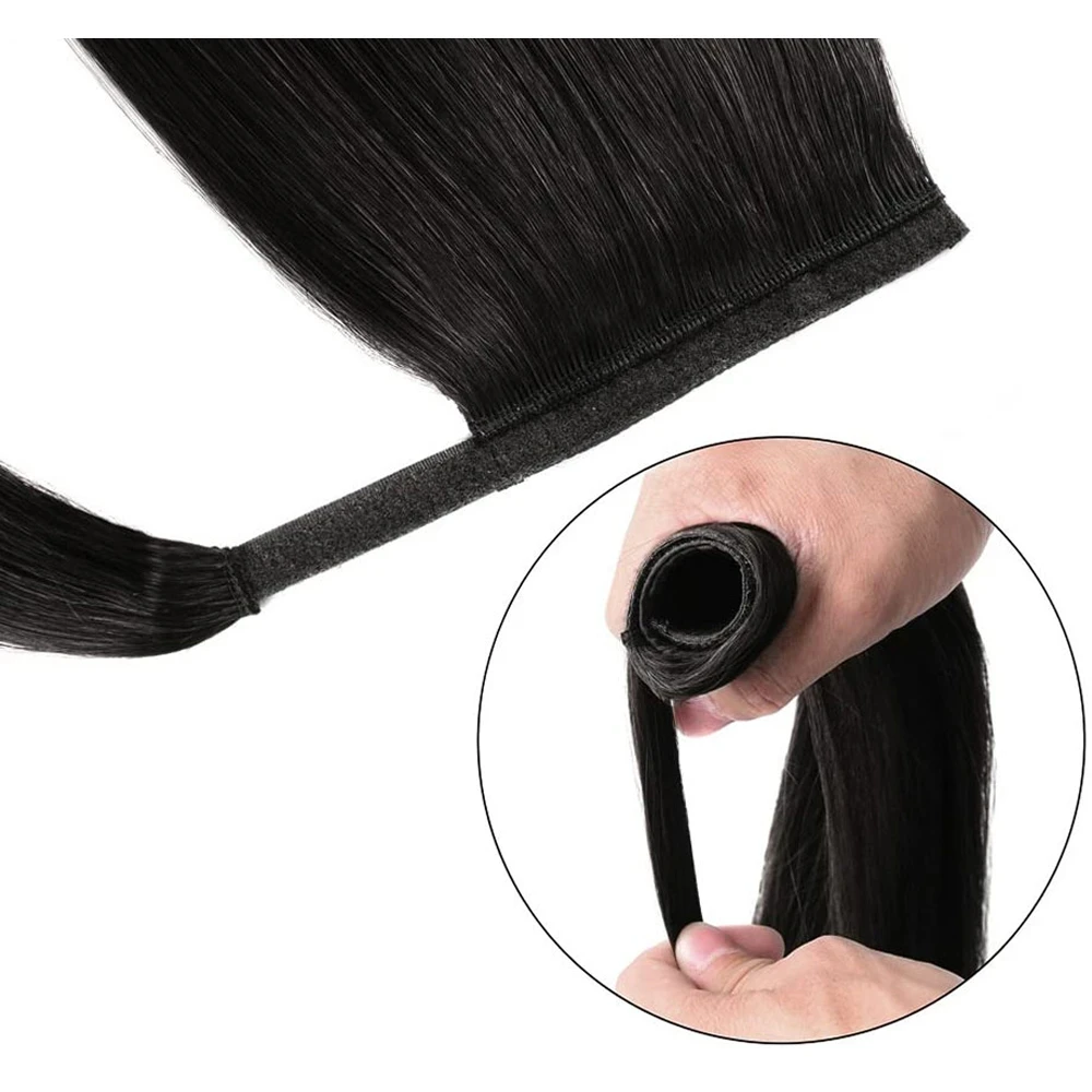 Straight Ponytail Extension Human Hair With Magic Paste Warp Around 100% Brazilian Virgin Human Hair For Women #1B Natural Color