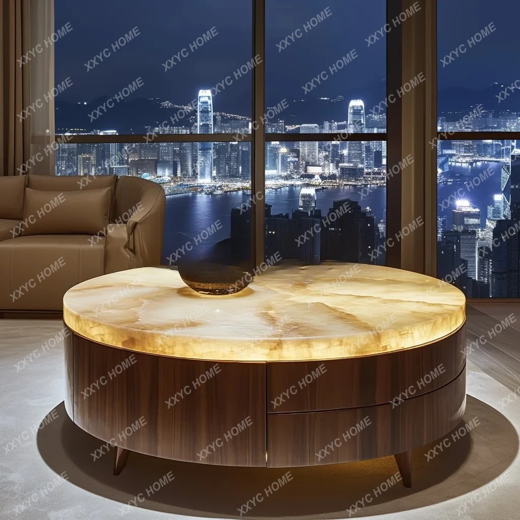 طاولة طعام مضيئة من اليشم، حجر فاخر مستدير من الرخام الطبيعي، طراز فاخر وخفيف الوزن، طاولة طعام لغرفة المعيشة #3