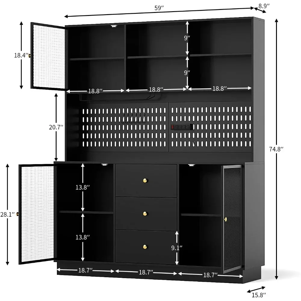 3 Metal Doors Pegboard, Pantry Storage Cabinet with Cup Holder & Power Outlet, Kitchen Cabinets