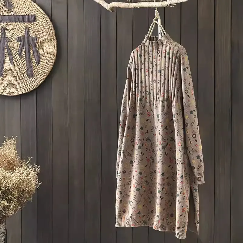 

Вязаное платье свободного кроя с цветочным принтом в стиле ретро, с воротником-стойкой, осенне-зимнее, средней длины, из хлопка, для женщин больших размеров