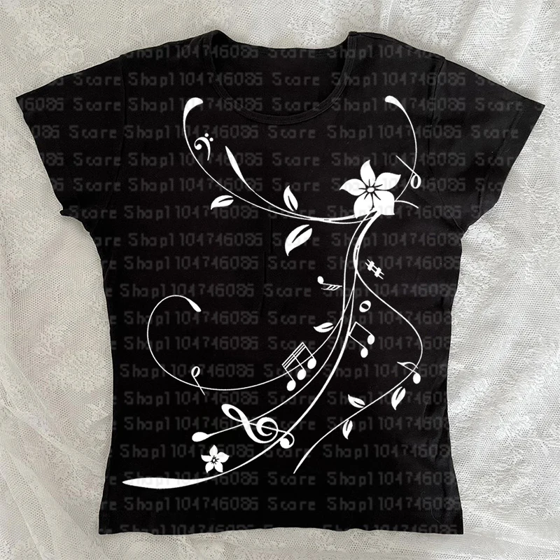 빈티지 Y2k 스타일 꽃 옷 하라주쿠 노트 인쇄 패션 여성 탑 반팔 캐주얼 티셔츠 탑 스트리트 자기 재배