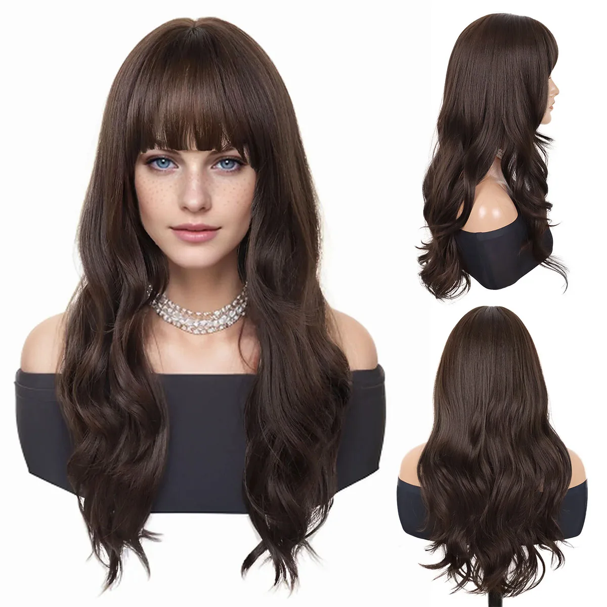 

28 Inch Long Brown Wig with Bangs Body Wavy Wigs for Women Super Long Synthetic Hair Wig for Daily Party Use Drag Queen Cosplay