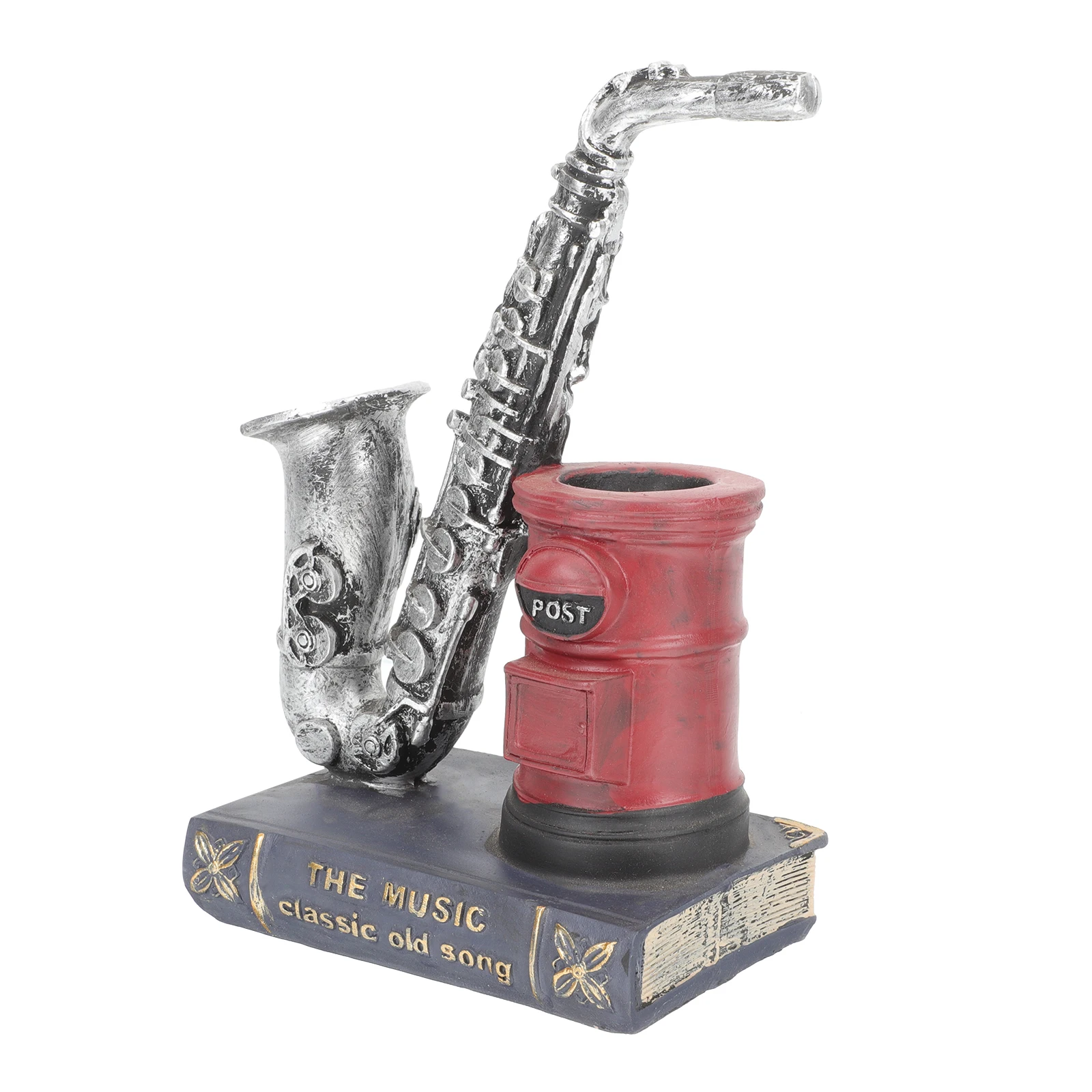 

Saxophone Sculpture Retro Vintage Resin Pen Holder Multifunctional Desk Ornament Pencil Storage Stationery Container