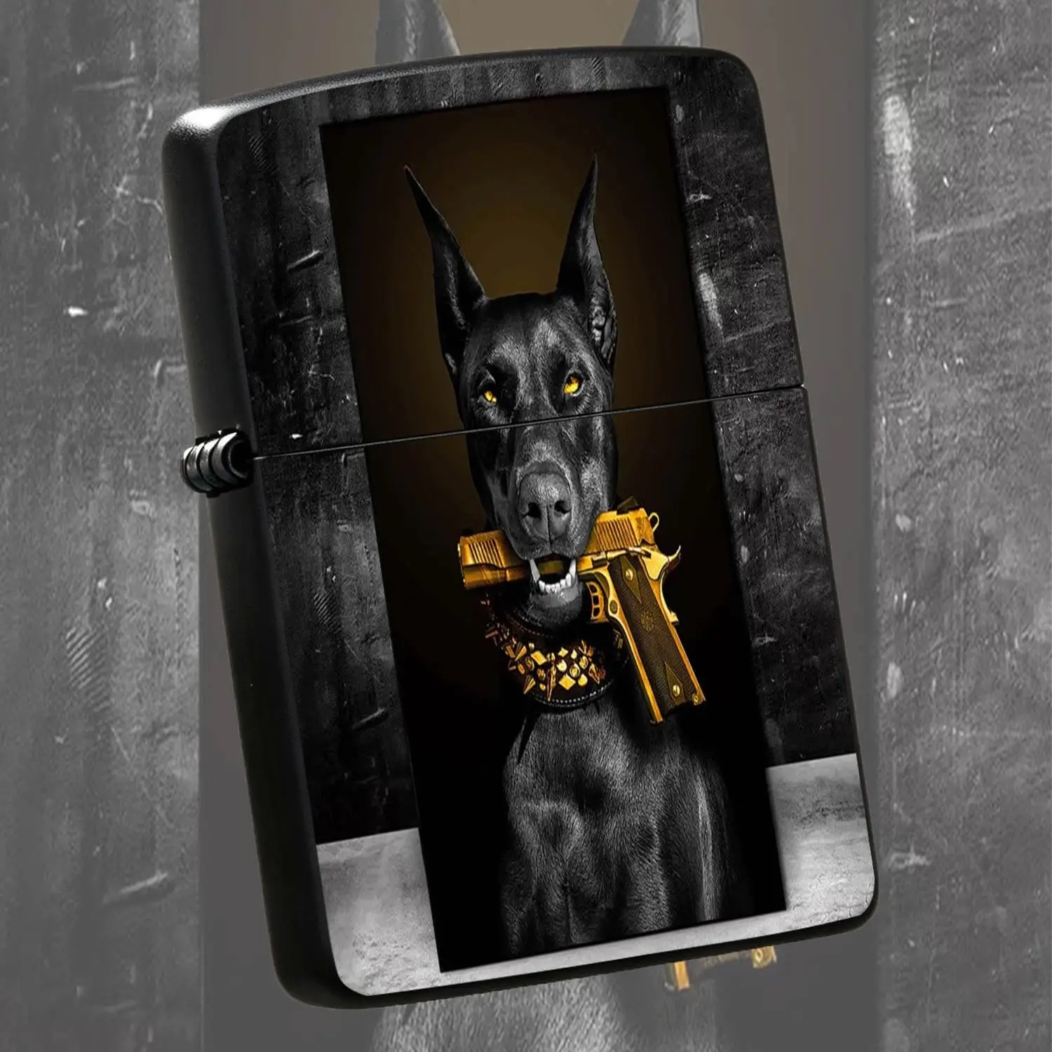 Trendy Cool Black Doberman with Golden Pistol Print Lighter, Portable Stylish Accessory for All Daily Scenes, Unique Decorative Practical Item, Nice Gift Choice for Friends and Hobbyists, Durable High-Definition Patterned Exquisite Carry-o